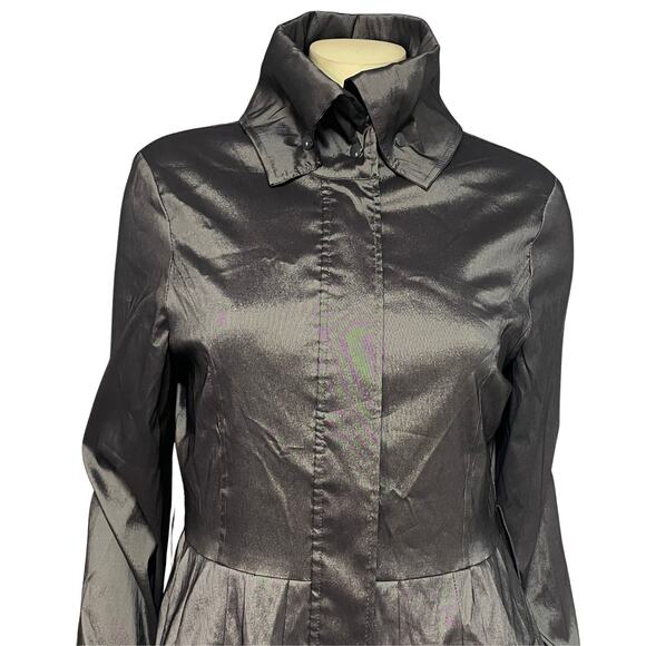 Vtg 90s Joseph Ribkoff Sz 10 Trench Coat Bubble Hem Gray Satin Glam Statement - Picture 6 of 16